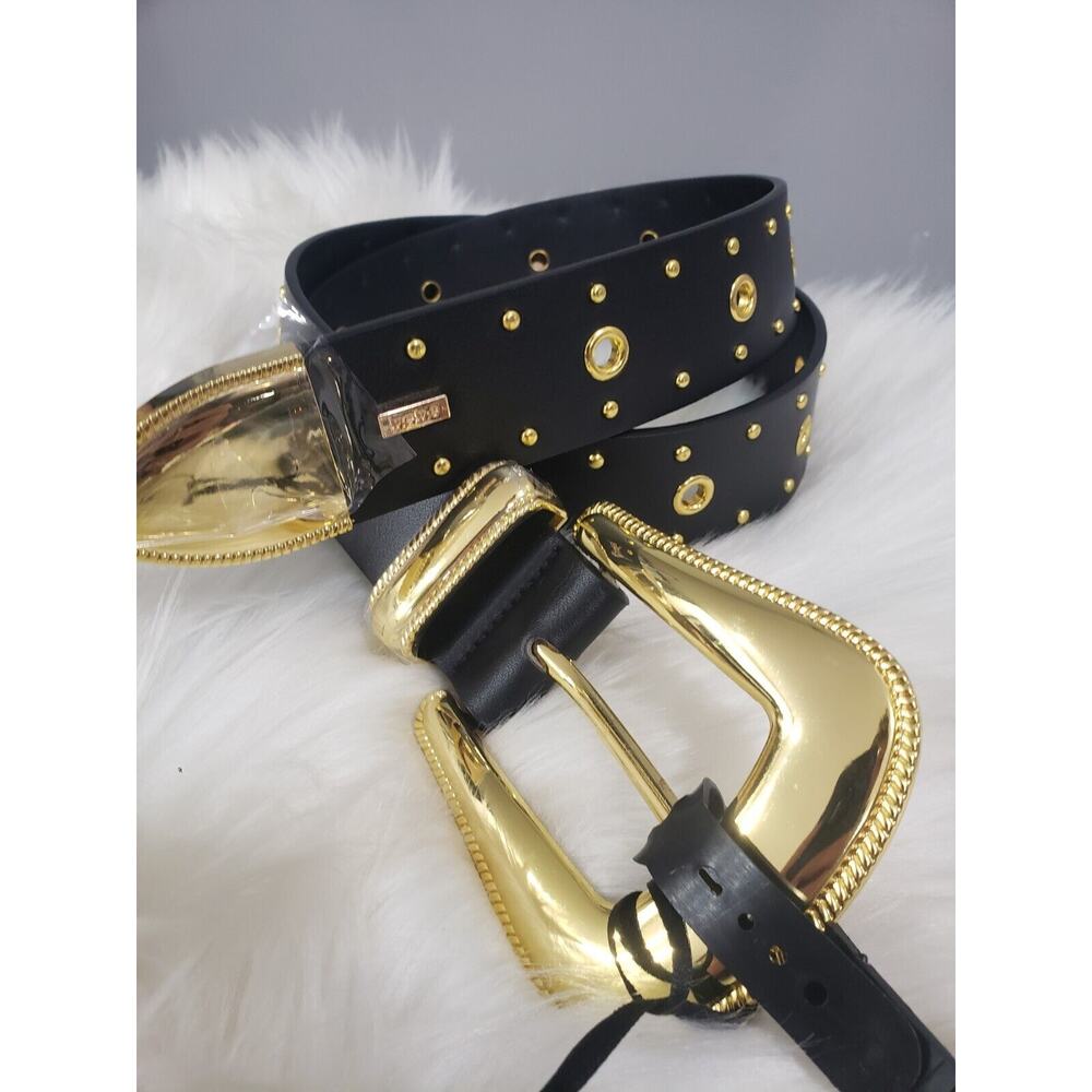 NEW Bebe Black Belt Women's Gold Buckle Gold Stud Flashy Western Glam Statement